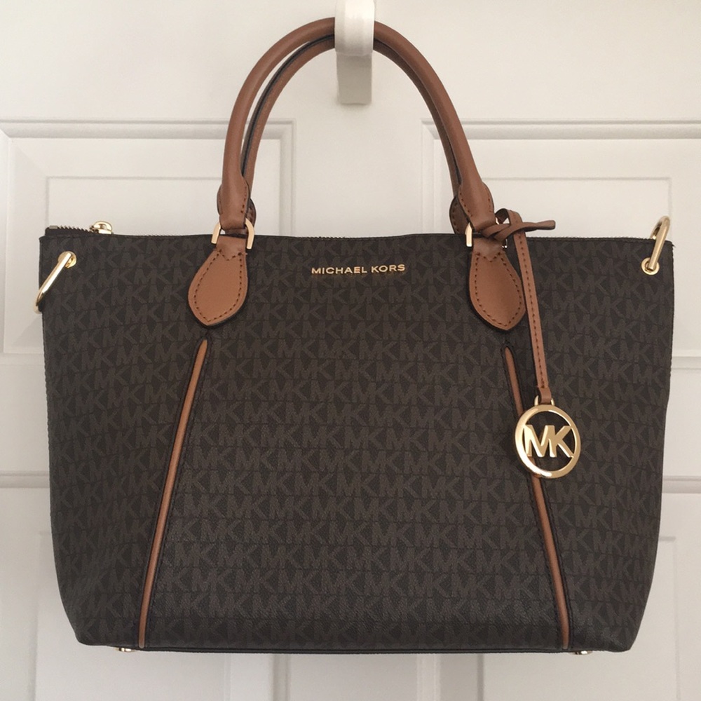 MICHAEL KORS Logo Top Zip Tote Bag Gold-tone hardware Logo-print canvas NWOT